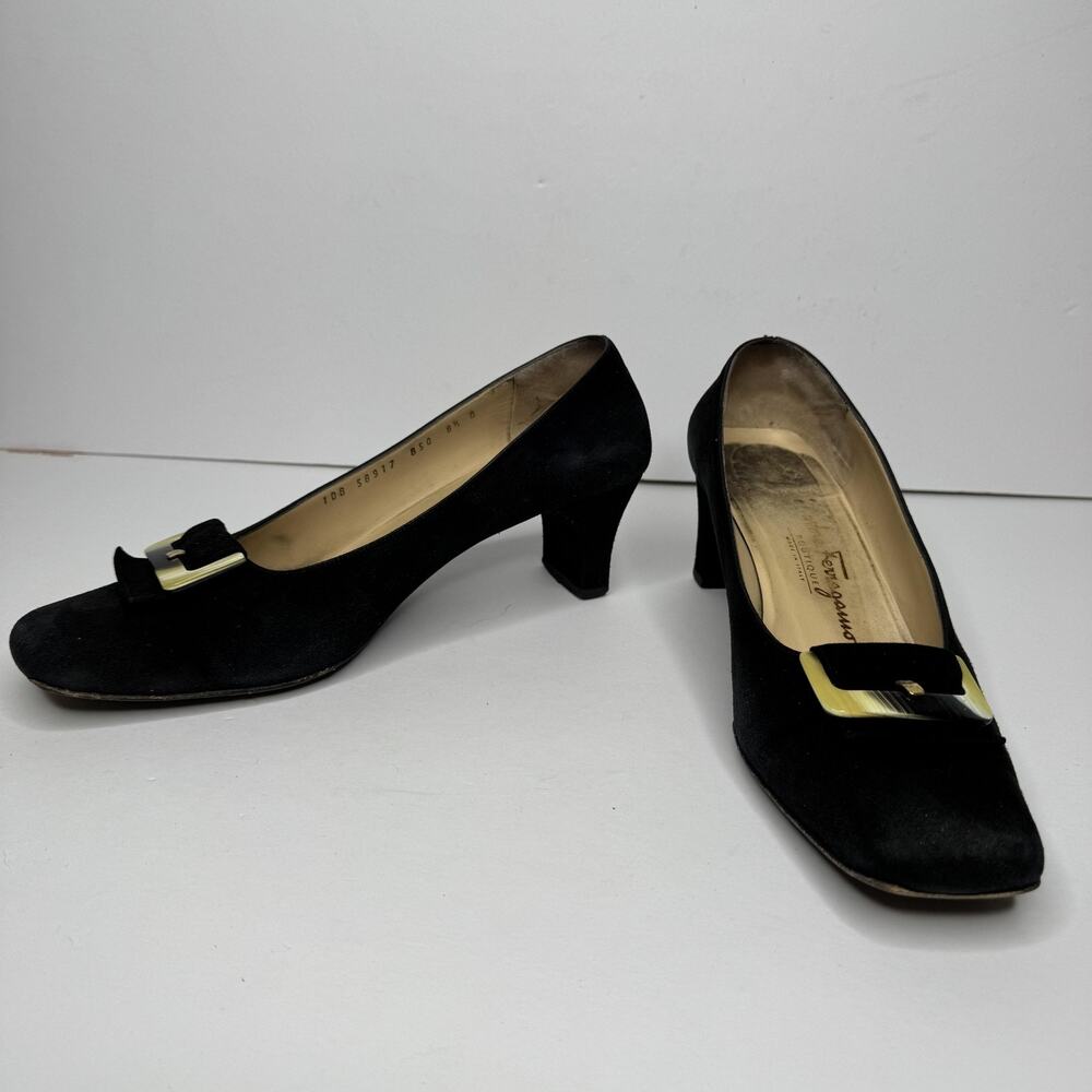 Vintage Salvatore Ferragamo Shoes Womens Size 8.5 Black Suede Heel Pumps Italy - Picture 4 of 10